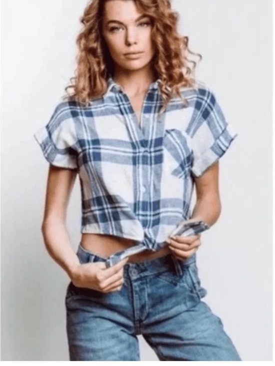 Rails Tops - Rails Blue Plaid Crop Tie-Front Shirt - Women